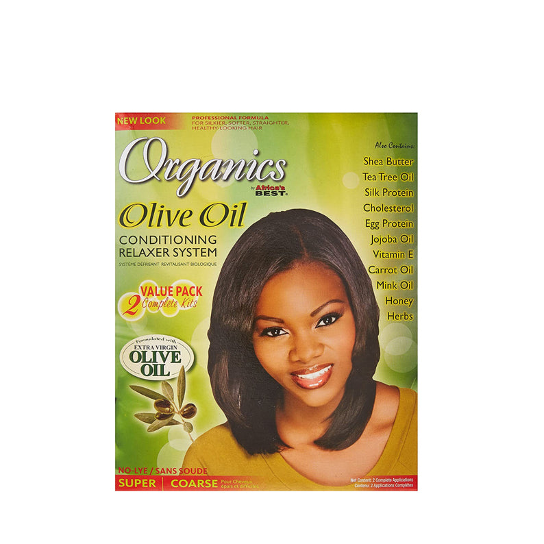 AFRICAS BEST Organics Olive Oil Conditioning Relaxer System box with model hair olive oil hair relaxer for coarse hair
