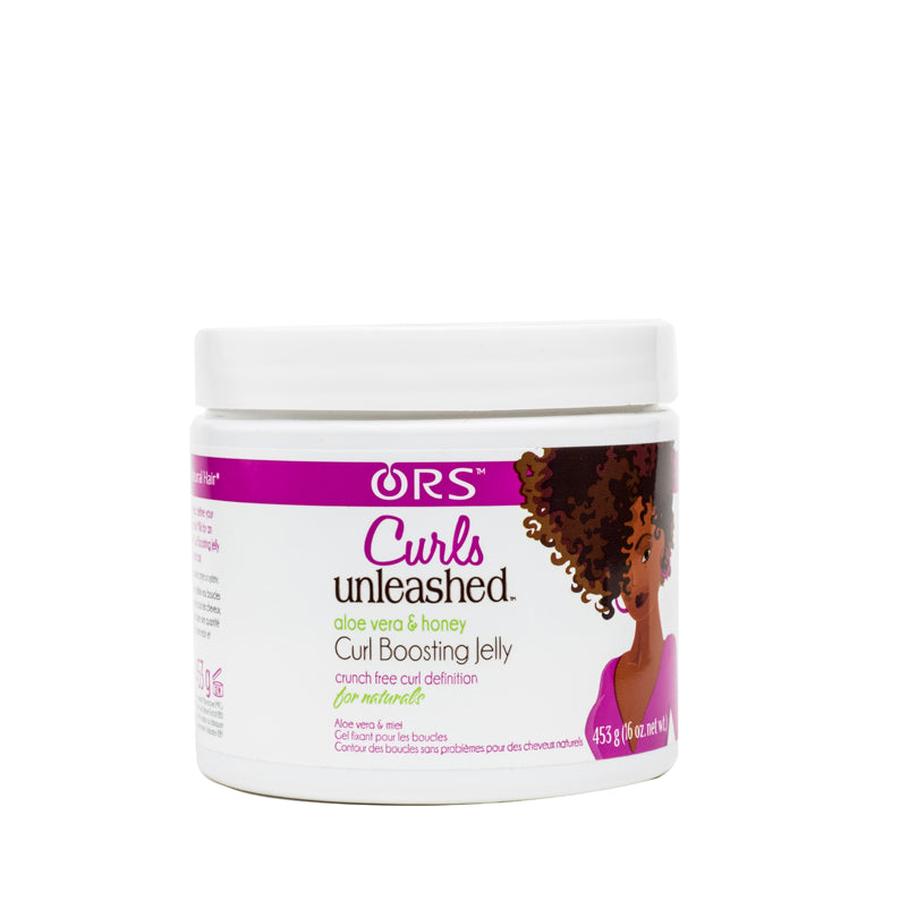 ORS Curls Unleashed curl boosting jelly for natural hair with aloe vera and honey in white container