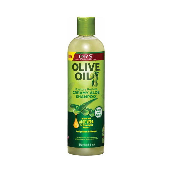 ORS olive oil aloe shampoo bottle with moisturizing creamy aloe formula and aloe vera infusion