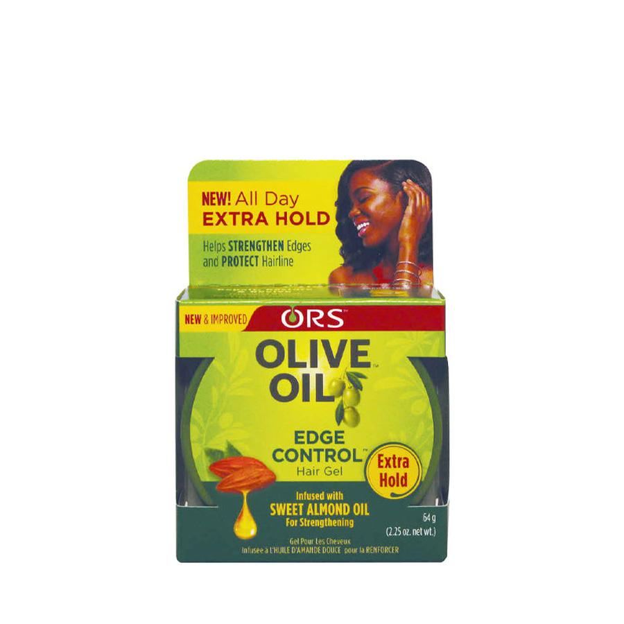 ORS olive oil edge control gel extra hold box showing product name woman model and sweet almond oil benefit