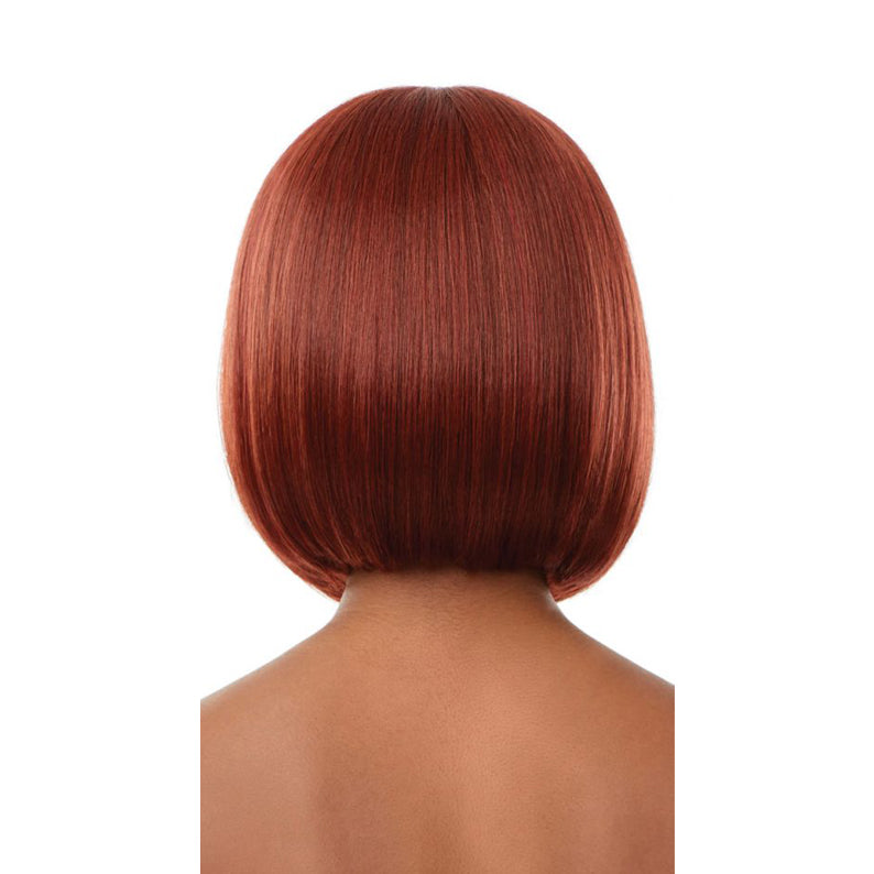OUTRE 10 inch synthetic lace front wig smooth auburn bob back view on mannequin neck