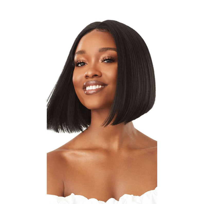 OUTRE 10 inch synthetic lace front wig sleek straight black bob with center part and natural hairline