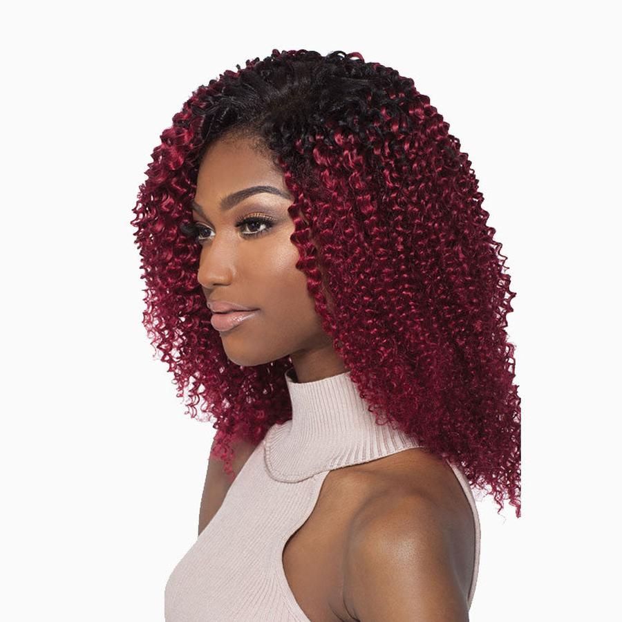 OUTRE 100% human hair water wave wig burgundy ombre shoulder length with black roots and tight curls