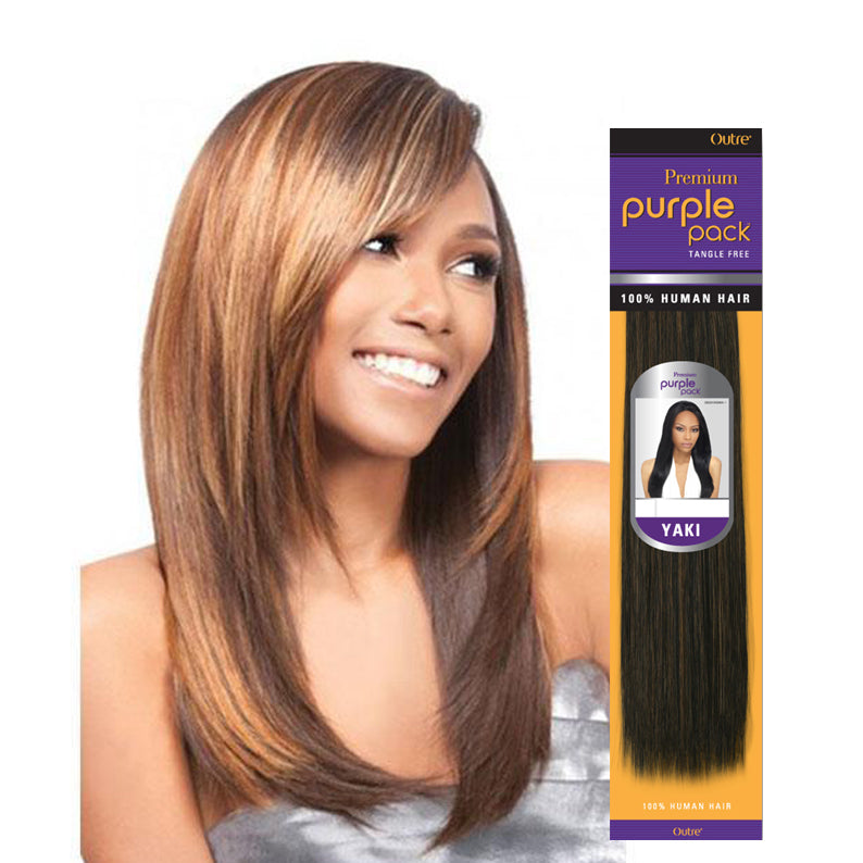 Outre Premium Purple Pack 100% human hair yaki weave showcasing smooth straight dark hair extension