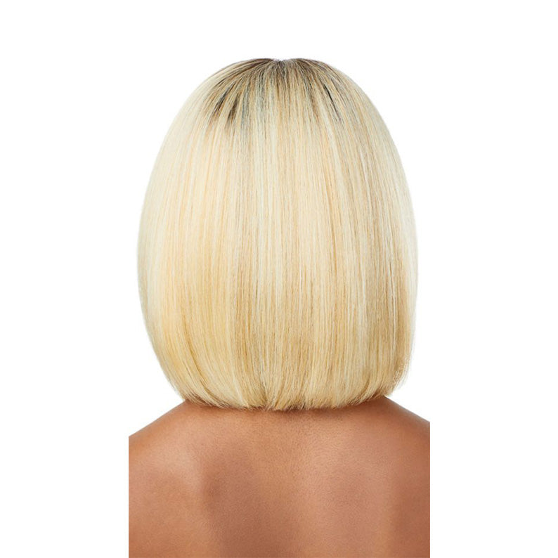 OUTRE 13x4 lace front wig straight bob honey blonde with dark roots back view sleek blunt cut