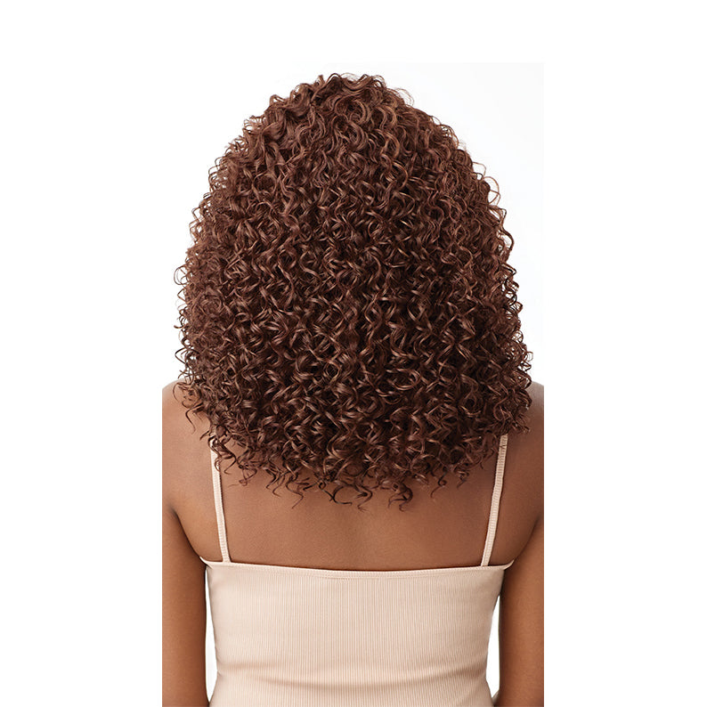 OUTRE 13x4 lace frontal wig synthetic medium brown shoulder length curly bob shown from back