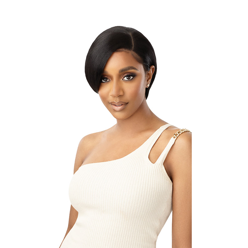 OUTRE 13x4 lace frontal wig synthetic sleek short side part bob in natural black for everyday wear