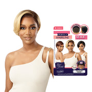 OUTRE 13x4 lace frontal wig synthetic short side part blonde bob on model with natural hairline