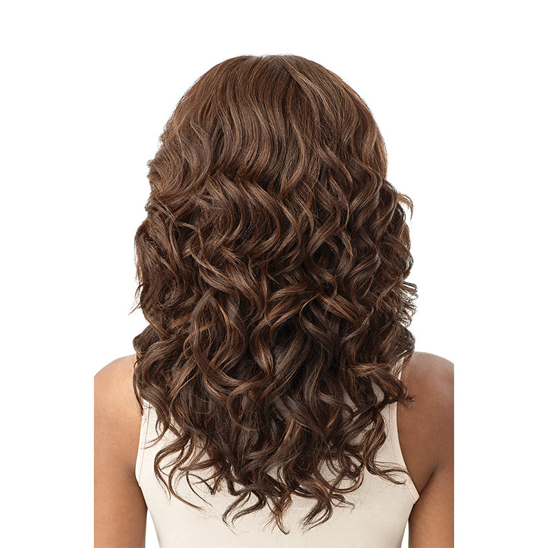 OUTRE 13x6 lace frontal wig synthetic long wavy chestnut brown with subtle highlights back view