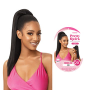 OUTRE 20 inch ponytail extension in sleek black worn by woman in pink top for natural long hair look