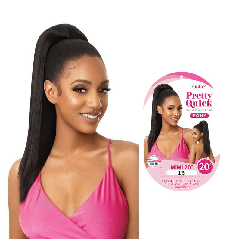OUTRE 20 inch ponytail extension in sleek black worn by woman in pink top for natural long hair look