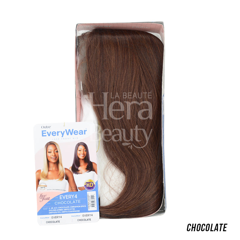 OUTRE chocolate 20 inch synthetic lace front wig in clear packaging with product card showing models