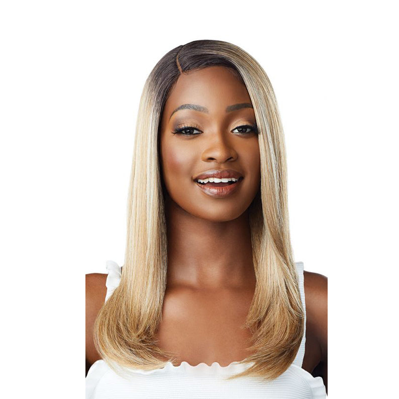 OUTRE 20 inch synthetic lace front wig blonde with dark roots center part straight layered ends