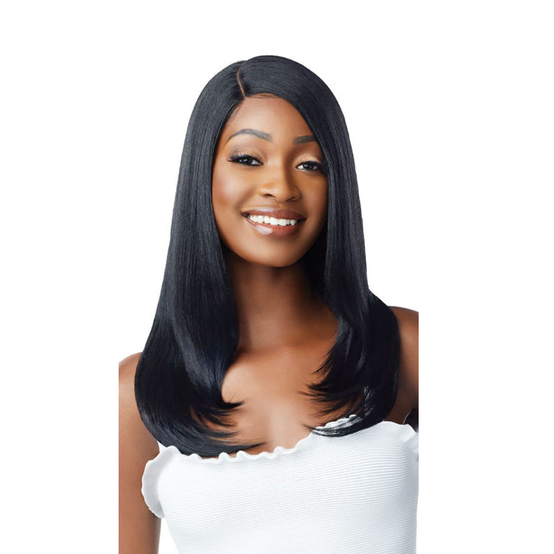 OUTRE 20 inch synthetic lace front wig in sleek straight black with center part and layered ends