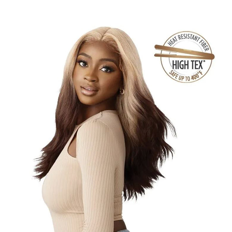 OUTRE 22 inch synthetic lace front wig in blonde to brown ombre on model with loose waves
