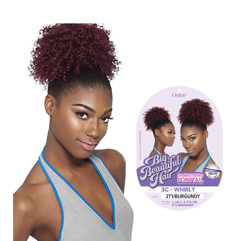 Outre 3C curly drawstring ponytail in burgundy worn by woman with natural curls