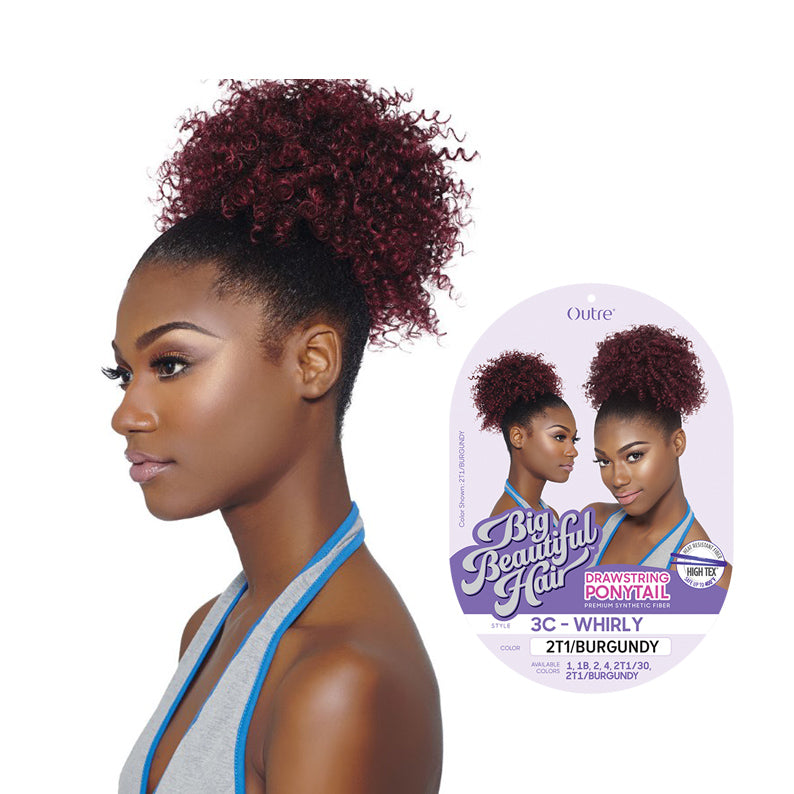 OUTRE 3C curly drawstring ponytail in burgundy worn by woman with natural afro hair
