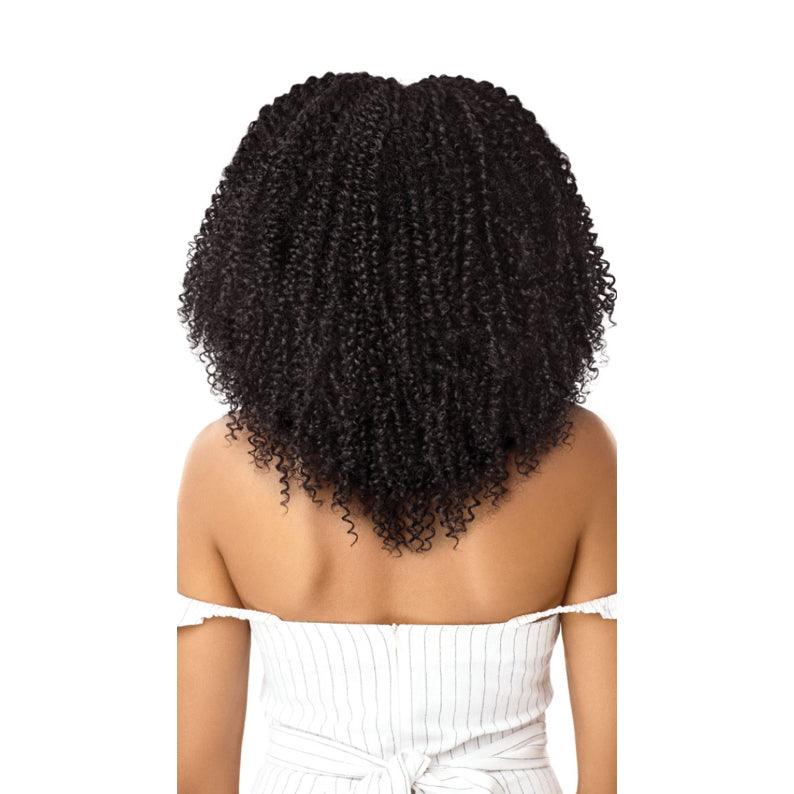 OUTRE 4A kinky curly clip in hair extensions. Natural black clip in shown on model back for volume and texture