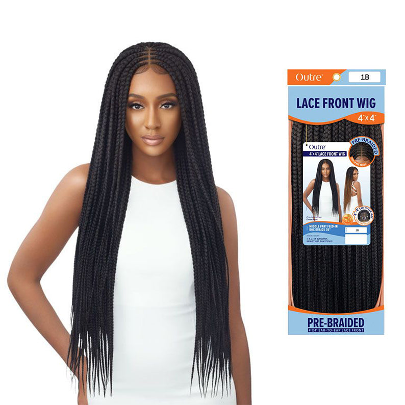 OUTRE 4x4 lace front pre-braided wig long black box braids with center part model and product packaging