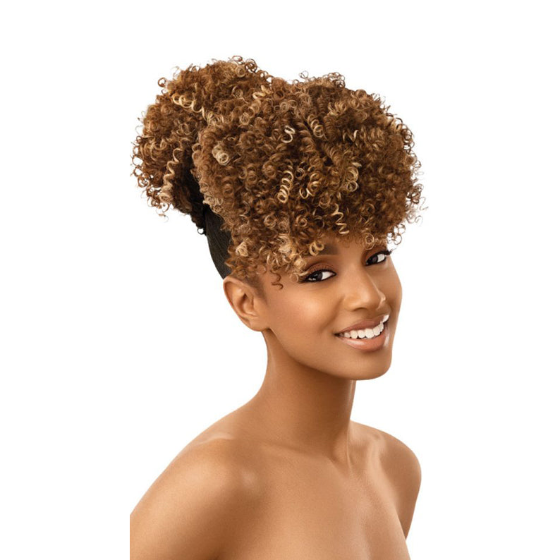 Model wearing OUTRE after midnight synthetic half wig in honey brown tight curls with voluminous top