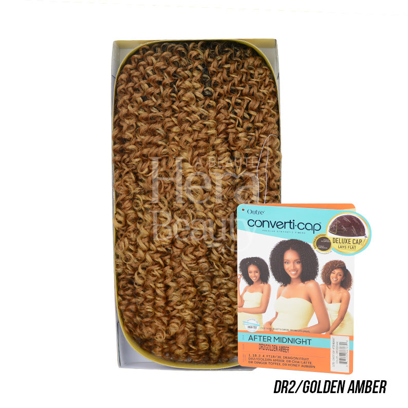 OUTRE after midnight synthetic half wig DR2 Golden Amber curly texture converti cap displayed in box