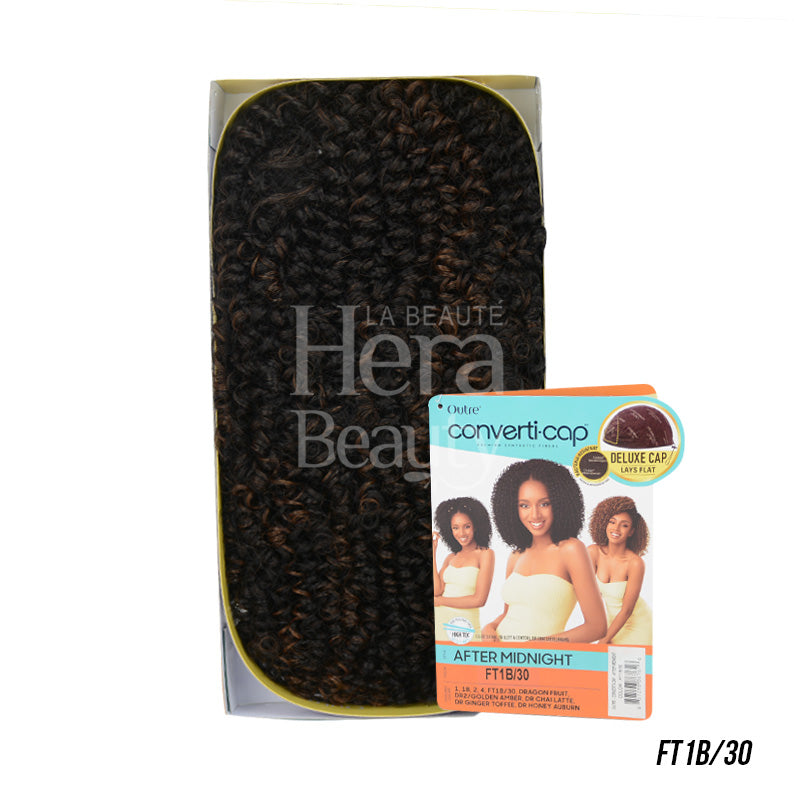 OUTRE after midnight synthetic half wig in curly dark brown FT1B30 with Converti Cap packaging and hairpiece
