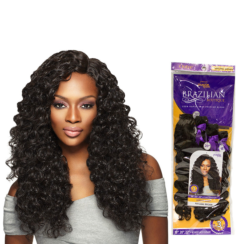 OUTRE Brazilian deep wave hair extensions on model with long natural brown waves and retail packaging