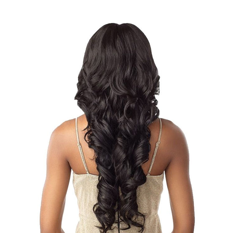 SENSATIONNEL Butta Lace Unit 20 wig long silky black deep wave curls shown from back on model