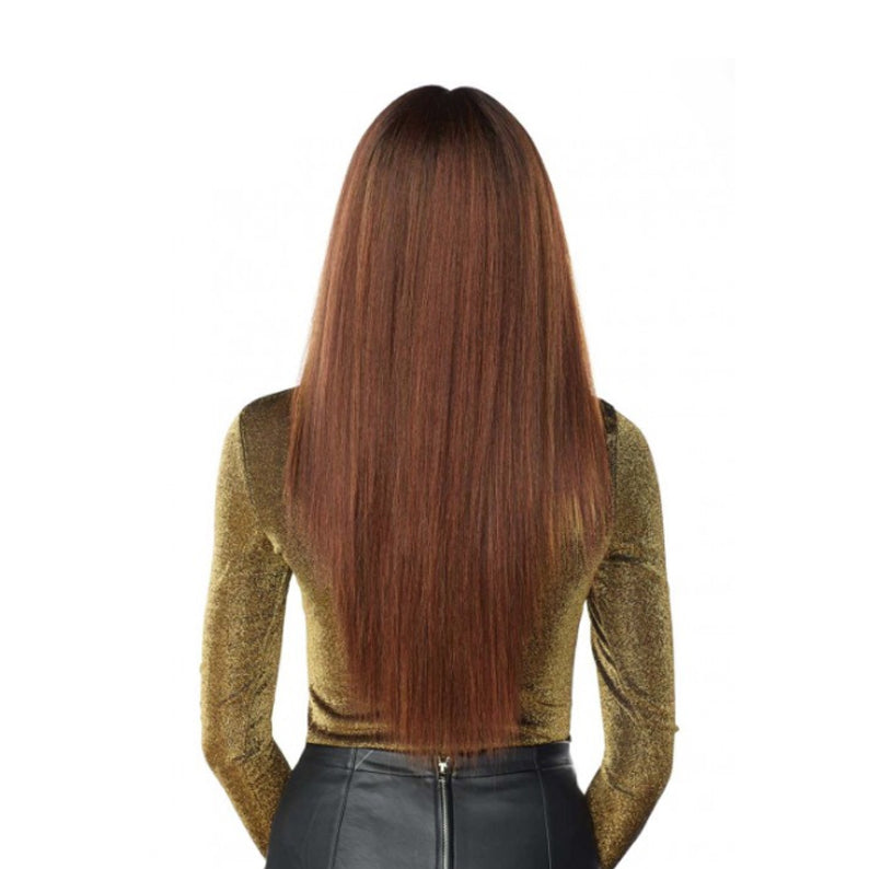 SENSATIONNEL Butta Lace Unit 6 wig long straight chestnut brown synthetic hair back view on model
