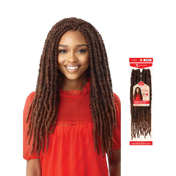 OUTRE butterfly locs hair extensions in chestnut brown shown on smiling model with long distressed locs and product pack