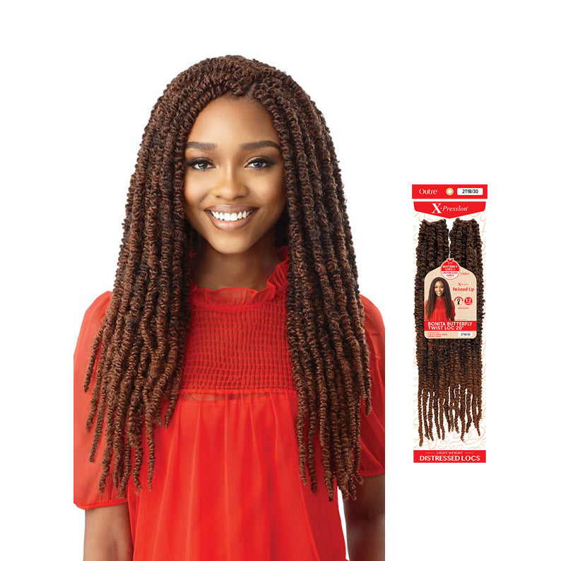 OUTRE butterfly locs hair extensions in chestnut brown shown on smiling model with long distressed locs and product pack