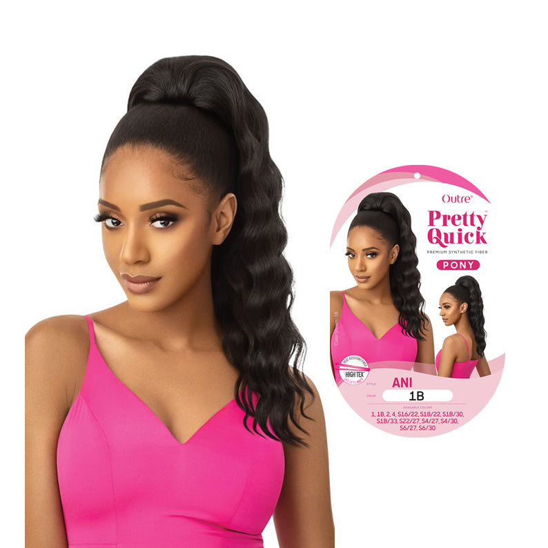 OUTRE clip-in ponytail hair extension in natural black worn by model with wavy textured ponytail