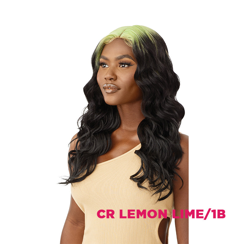 OUTRE COLORBOMB synthetic lace front wig CR Lemon Lime 1B long wavy black hair with lime green rooted top on model