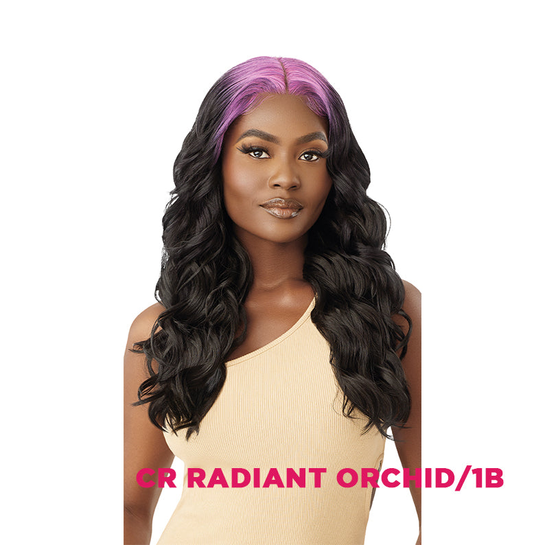 OUTRE COLORBOMB synthetic lace front wig radiant orchid 1B long wavy black hair with purple roots