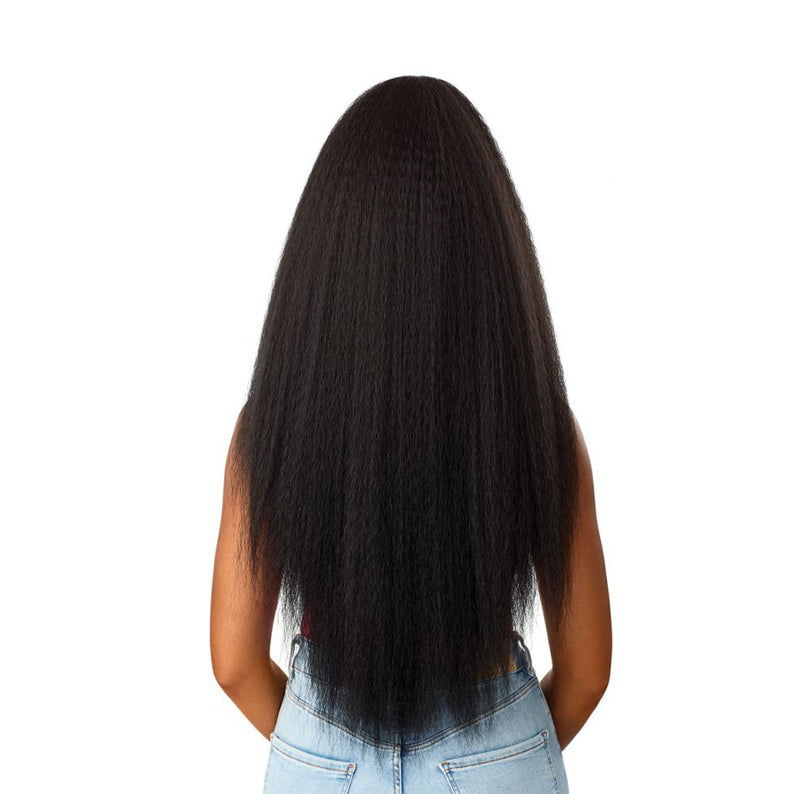 OUTRE converti cap wrap pony half wig long natural black yaki straight textured hair full length back view on model