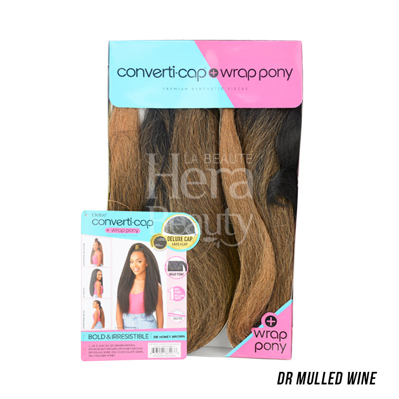 OUTRE converti cap wrap pony half wig in dr mulled wine ombre long wavy ponytail packaging with model