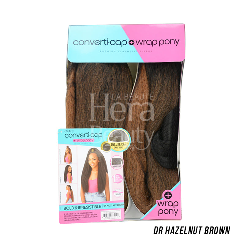OUTRE converti cap wrap pony half wig in DR Hazelnut Brown packaging showing long straight synthetic hair
