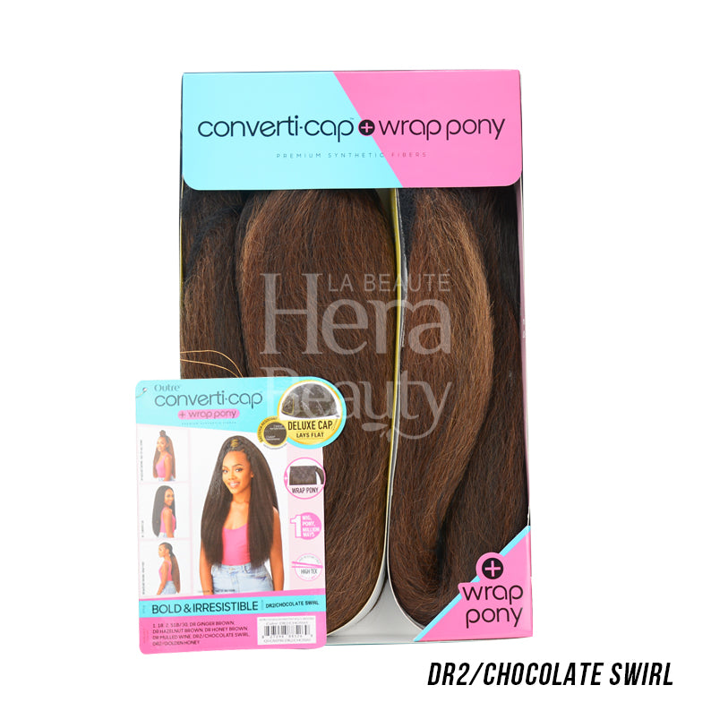 OUTRE packaging for converti cap wrap pony half wig in DR2 Chocolate Swirl long synthetic ponytail extension