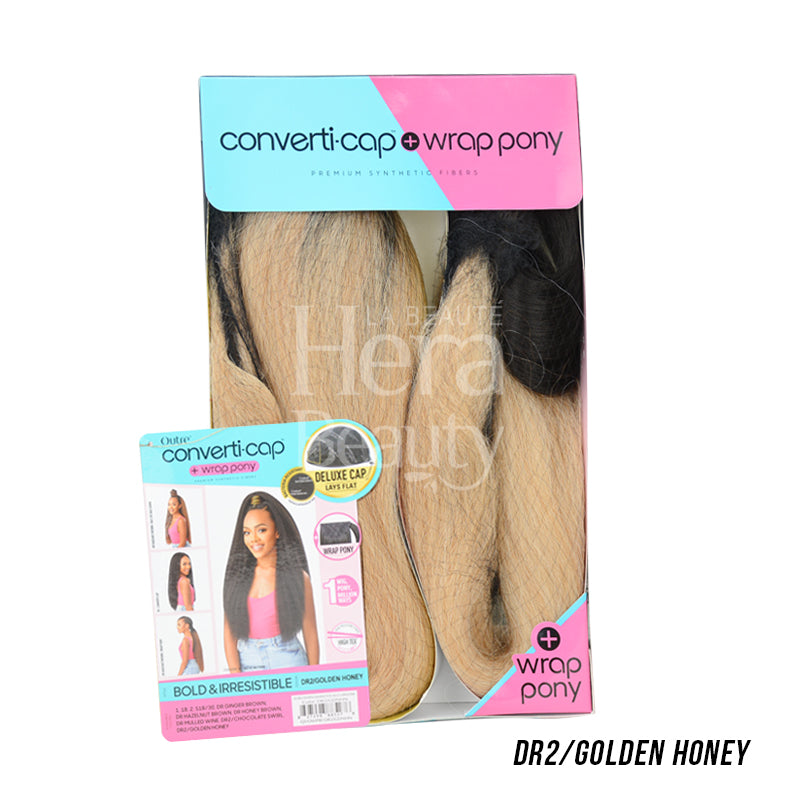 OUTRE converti cap wrap pony half wig DR2 Golden Honey packaging showing blonde hair with dark roots and product card