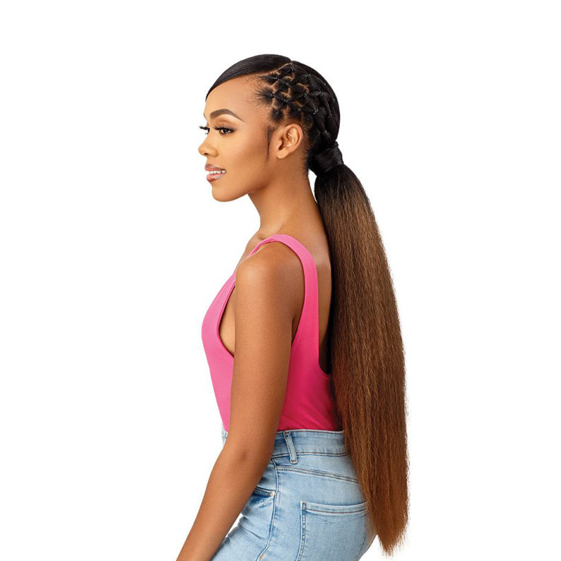 OUTRE converti cap wrap pony half wig long brown ombre ponytail with braided cornrows on model side profile