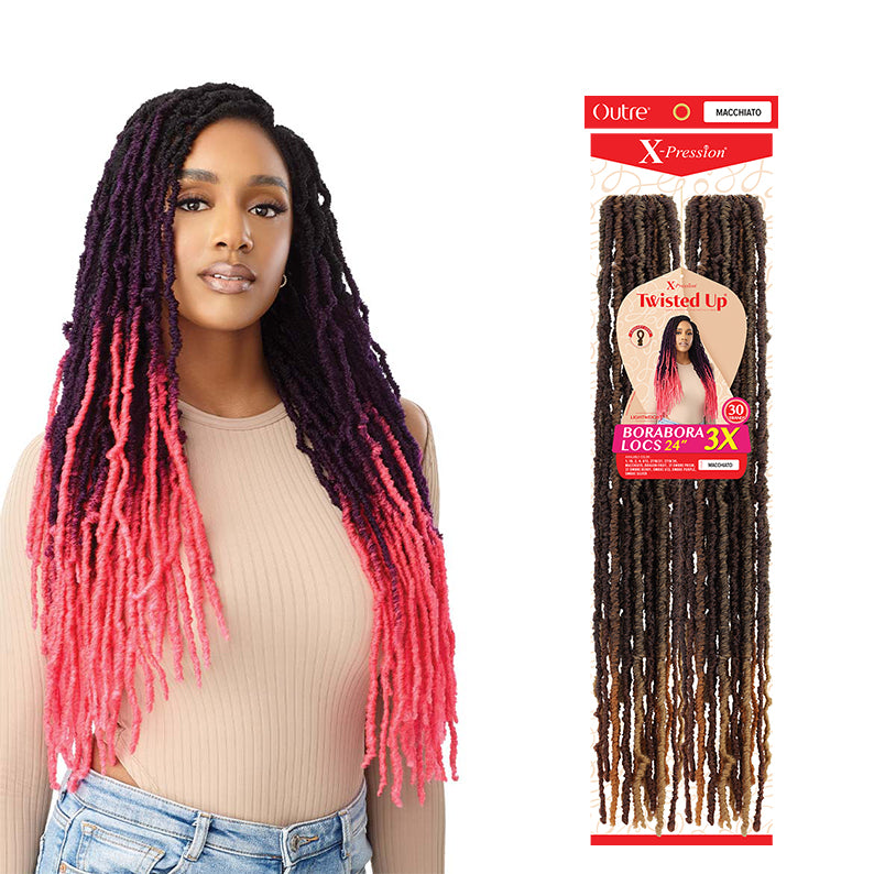 OUTRE braid crochet locs hair extensions in ombre pink and purple on model and packaging
