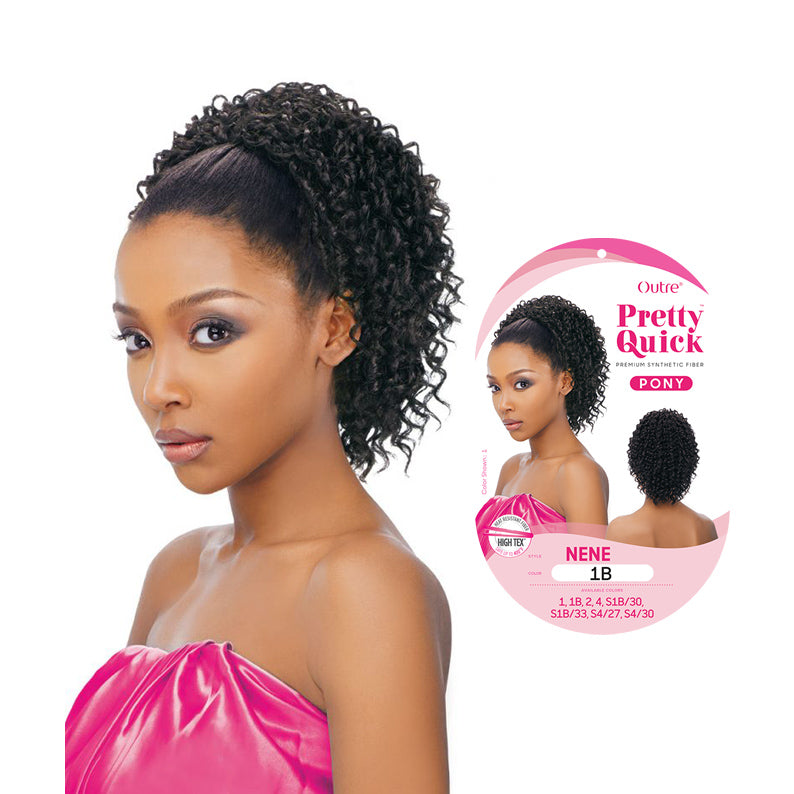 OUTRE curly ponytail hair extension worn by model with tight curls in black shade 1B