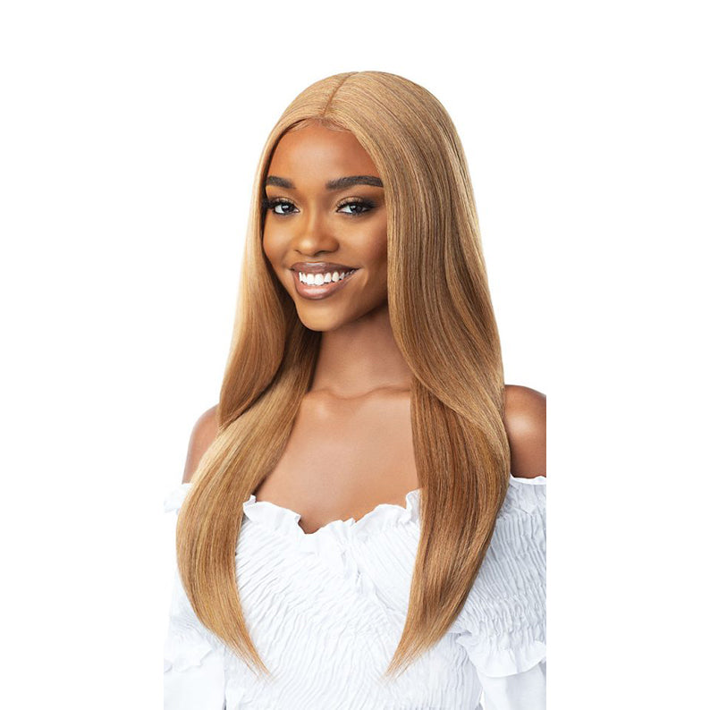 OUTRE 26 inch lace front wig honey blonde straight center part worn by smiling model in white off shoulder top