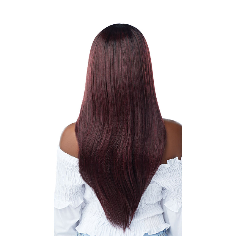 OUTRE 26 inch lace front wig straight burgundy long hair shown from back on model in white top