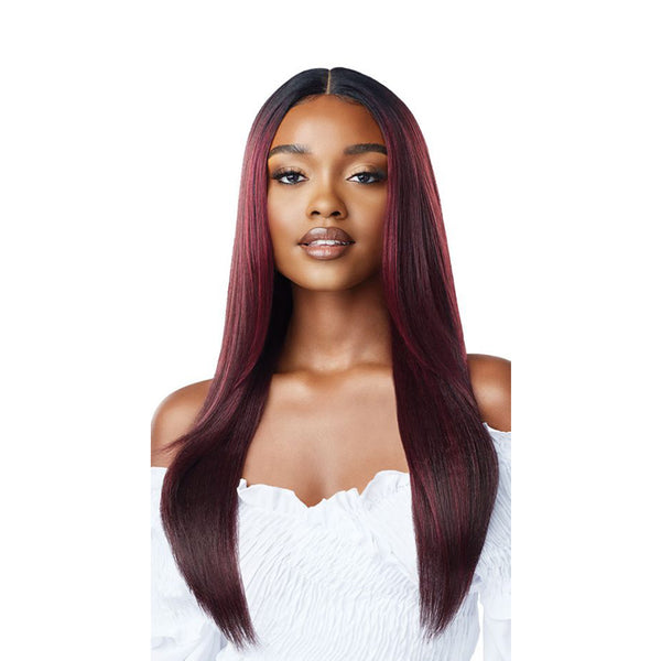 OUTRE 26 inch lace front wig long straight burgundy with black roots center part on model wearing white top