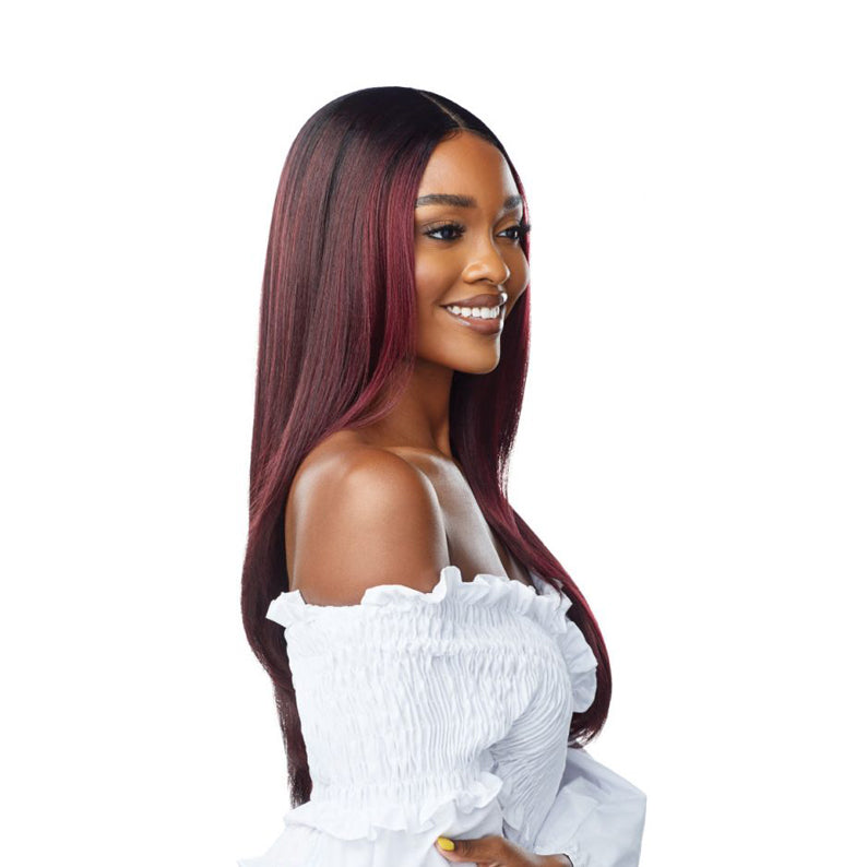 OUTRE 26 inch lace front wig straight burgundy with natural black roots on smiling model in white off shoulder top