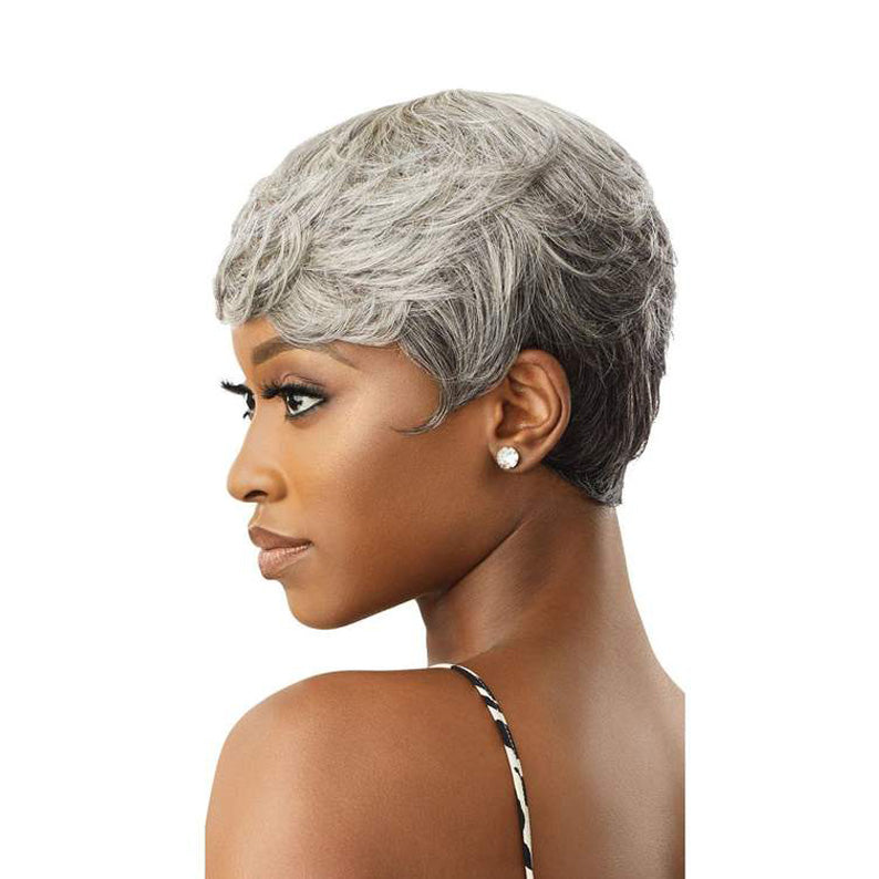 OUTRE gray human hair wig short pixie style on model side profile with textured layers