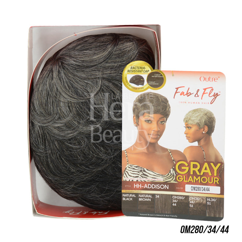 OUTRE gray human hair wig HH ADDISON short layered pixie style in natural gray blend with box packaging