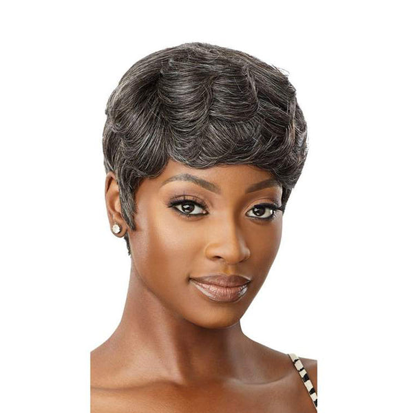 OUTRE gray human hair wig short finger wave pixie style on model with natural hairline and sleek finish