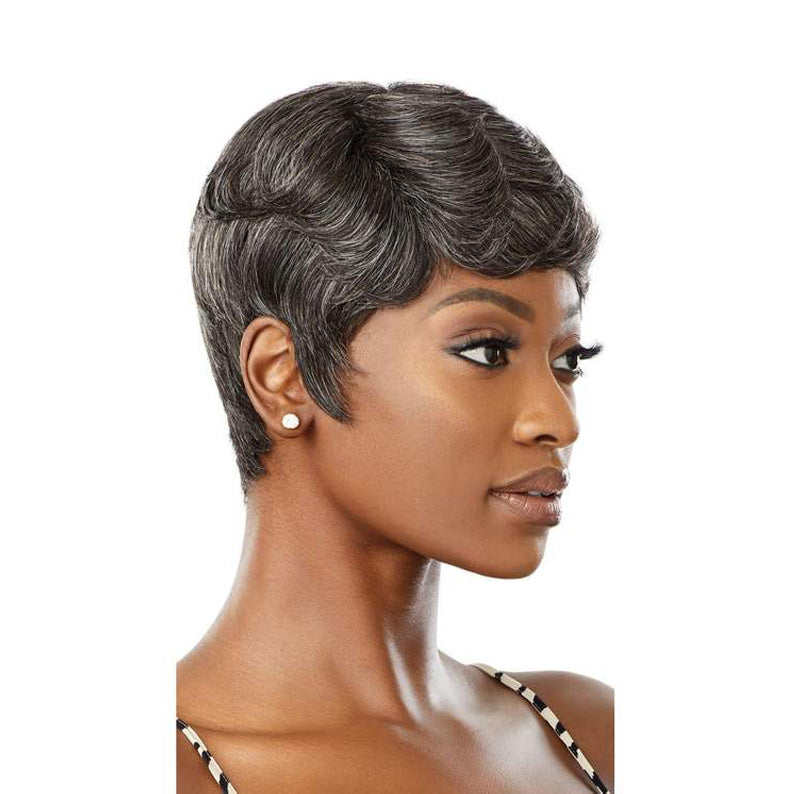 OUTRE gray human hair wig short sleek pixie with finger waves in salt and pepper gray on model
